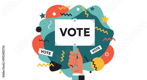Colorful abstract illustration of a hand holding a white vote sign with a background of stars, squiggles, and geometric shapes.