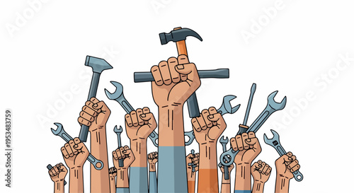 Illustration of diverse hands holding various tools like hammers and wrenches in a symbolic gesture against a clean white background with a bold and powerful mood.