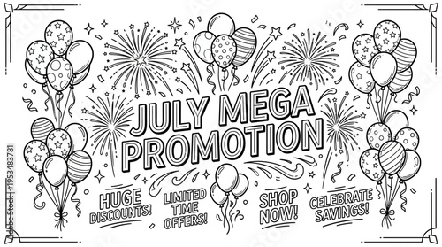 July Mega Promotion Banner with Balloons and Fireworks