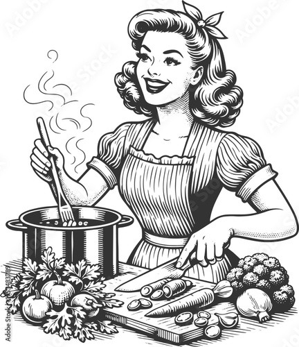 Woman cooking in kitchen vintage engraving retro illustration