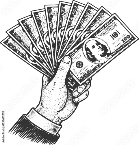 Hand holding dollar bills cash money vintage engraving illustration