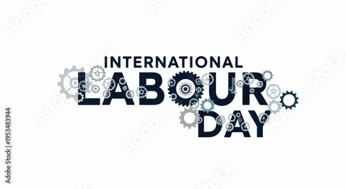 Graphic design of International Labour Day with gear icons on a white background in a flat lay composition.