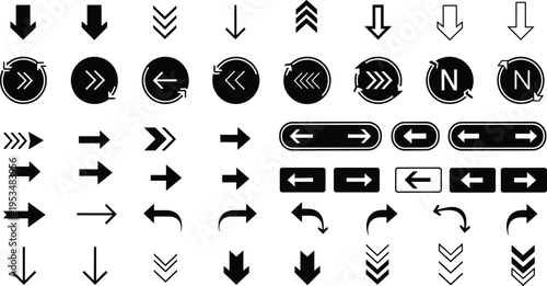 Arrow icon illustration set, navigation symbol artwork, directional graphic design, interface orientation concept, movement indicator collection, UI element scene