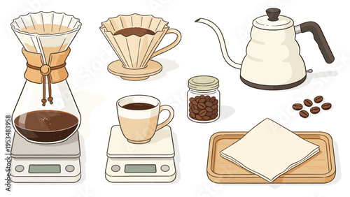 Illustrated collection of various pour-over coffee brewing elements, essential tools for beverage creation