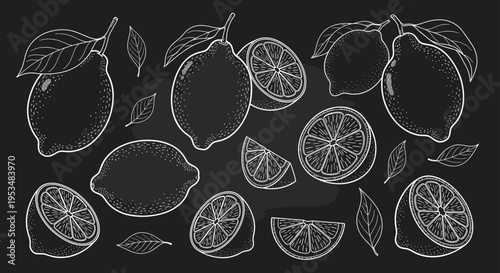 Detailed white chalk drawing of fresh lemons, leaves, and various lemon slices on a dark blackboard background for a rustic kitchen design.