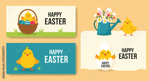 Set of three festive Easter banners featuring adorable yellow chicks, decorated eggs in a basket, and spring flowers in a watering can.