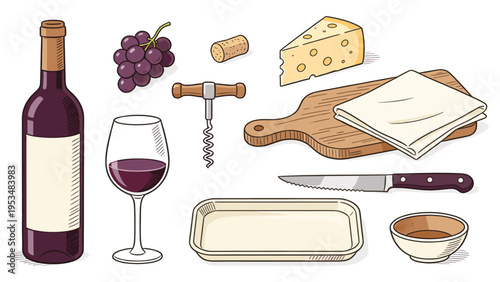 A delightful collection of various food and beverage set elements, featuring wine, cheese, and gourmet accessories