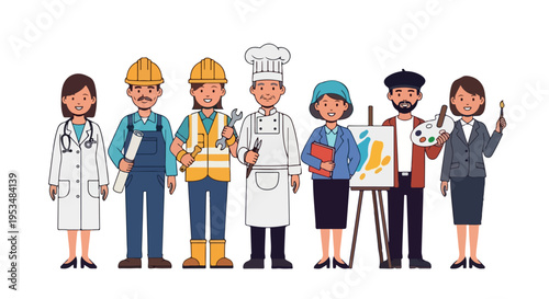 Illustration of diverse professionals standing in a row with various occupations and tools on a white background.