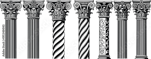 Corinthian column silhouette collection, classical architecture outline figure, ancient motif illustration, ornate capital icon art, Greek Roman design graphic