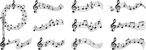 Musical Composition Elements: A collection of musical notes and staves, forming dynamic and visually engaging musical compositions. Perfect for illustrating music theory, creative projects.