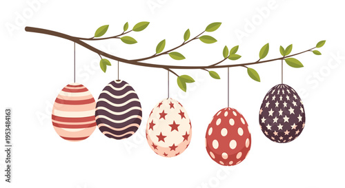 Five colorful Easter eggs with different patterns like stripes, dots, and stars hang from a green leafy branch in a minimalist style.