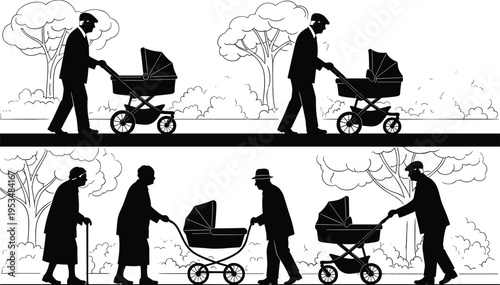 Elderly caregiver stroller silhouette collection, generational outline figure, family motif illustration, nurturing icon art, caregiving design graphic, life cycle symbol