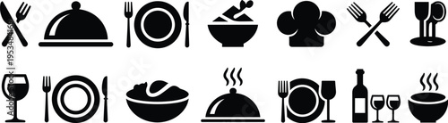 Restaurant Icon Array: An array of stylized black restaurant icons, each representing different aspects of dining and culinary expertise. 
