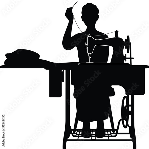 PrintSilhouette person sewing fabric on vintage machine, traditional craftsmanship illustration, manual garment production worker scene