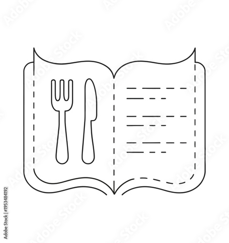 Vector of an open book with a knife and fork on the left page and blank recipe lines on the right