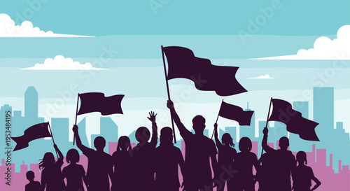 Large crowd of protesters raises flags in front of a modern city skyline at dusk with a purple and blue gradient color palette.