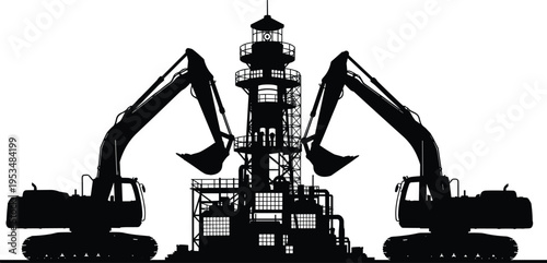 Excavator industrial silhouette collection, refinery outline figure, construction motif illustration, oil rig icon art, machinery design graphic, development symbol