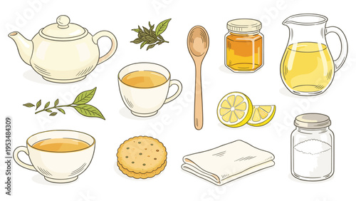 Delicious food and beverage collection featuring tea time essentials, including teapot, cups, honey, and snacks, ready for a cozy break