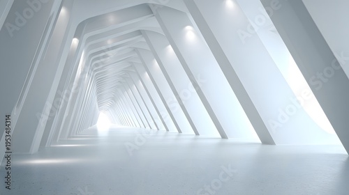 Futuristic White Corridor with Geometric Architecture and Soft Lighting.
