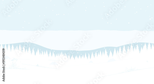 Serene winter landscape features a snow covered field with a distant forest of pine trees under a light snowfall and soft blue sky.