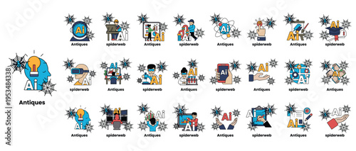 Cartoon icons depict AI, tech, and digital tools with playful style
