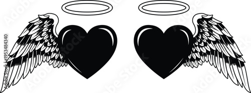 Heart with angel wings silhouette illustration, halo artwork design, spiritual love graphic, divine affection concept, symbolic purity representation