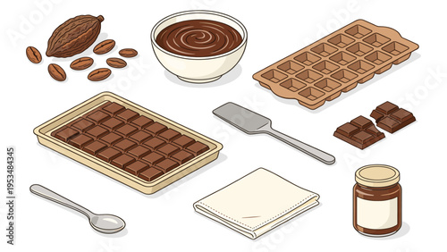 set elements various food and beverage collection featuring a delightful assortment of chocolate making tools and ingredients