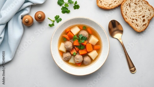 Comforting meatball stew with fresh bread on the side