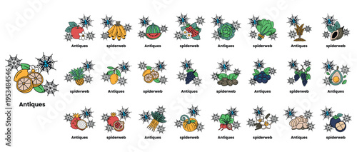 Cartoon-style fruit and vegetable illustrations with playful designs