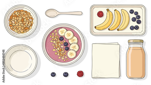 A vibrant, wholesome breakfast collection various food and drink elements featuring smoothie bowls, fresh fruits, and crunchy granola