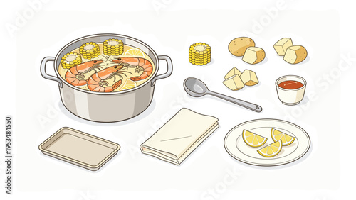 An appetizing collection of various seafood boil ingredients and cooking elements, showcasing a delectable food preparation set