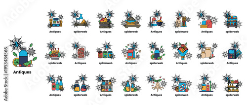 Flat design icons depict ancient artifacts