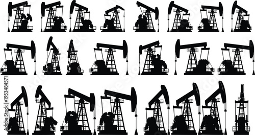 Oil pumpjack silhouette illustration set, industrial energy artwork, petroleum extraction design, mechanical rig graphic, fossil fuel production concept scene