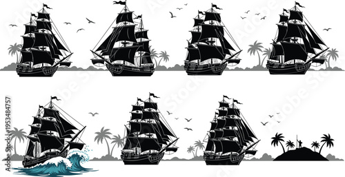 Sailing ship silhouette illustration set, maritime adventure artwork, historical voyage design, tropical island graphic, nautical exploration concept scene