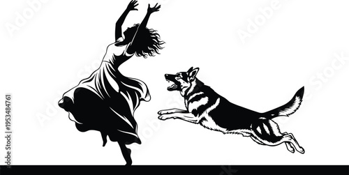 Person and dog silhouette illustration, playful motion artwork, dynamic interaction design, energetic movement graphic, expressive companionship concept scene