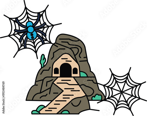 Spiderwebs dangle from rocky cave entrance