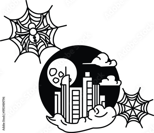 Spooky spiderwebs float above a moonlit cityscape