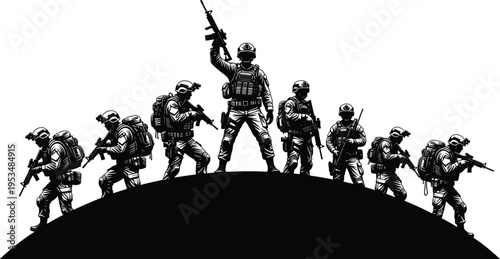 Soldier silhouette illustration set, military unity artwork, tactical gear design, armed forces graphic, combat discipline concept, battlefield strength scene
