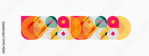 Abstract colorful shapes overlap creating playful pattern. Geometric forms suggest modern design, vibrant hues dominate composition.