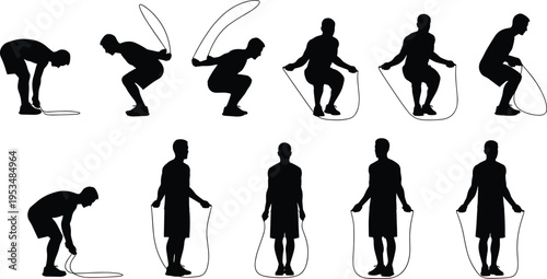 PrintSilhouette sequence of person jumping rope exercise, fitness training coordination movement illustration workout concept design