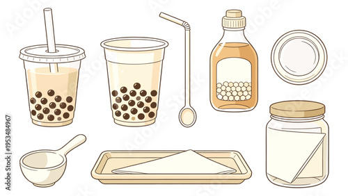 A comprehensive set of various food and beverage elements, a collection featuring bubble tea ingredients and tools for making the popular drink