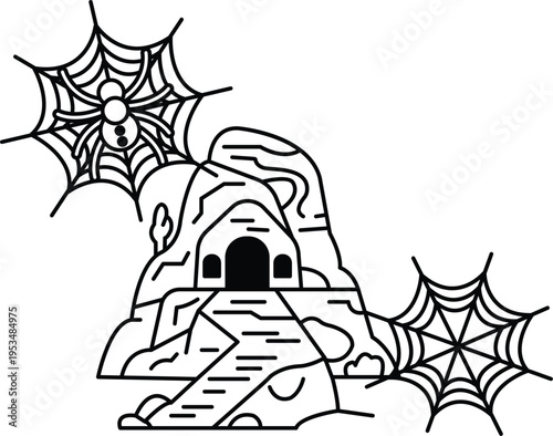 Spiderwebs dangle from rocky cave entrance