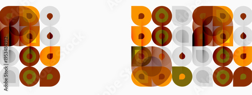 Retro pattern features repeating circles, squares. Earthy tones dominate design, creating vintage aesthetic. Simple geometry defines visual style.