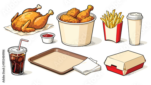 An illustrative set of various popular fast food elements, a comprehensive collection featuring classic fried and refreshing beverage items for any menu