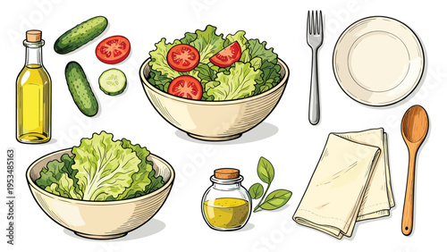 Comprehensive illustration set featuring various fresh food components and elegant kitchen accessories collection