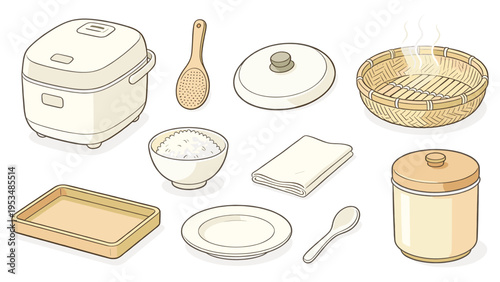 Comprehensive set of various kitchen elements and dining items for traditional food preparation, a diverse collection featuring cooking essentials