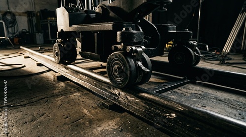 Close up view of a camera dolly on a film set with tracks and cables, capturing the essence of filmmaking. Generative AI.