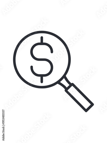 Vector featuring a magnifying glass closely examining a dollar sign symbol in the center