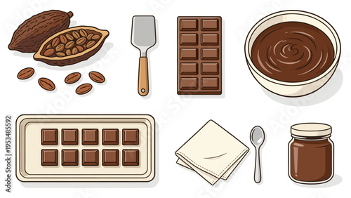 A comprehensive set of various chocolate ingredients, treats, and tools, illustrating the delectable journey of cocoa