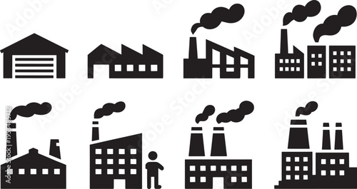 Industrial factory buildings set, chimney smoke pollution, manufacturing facility icons